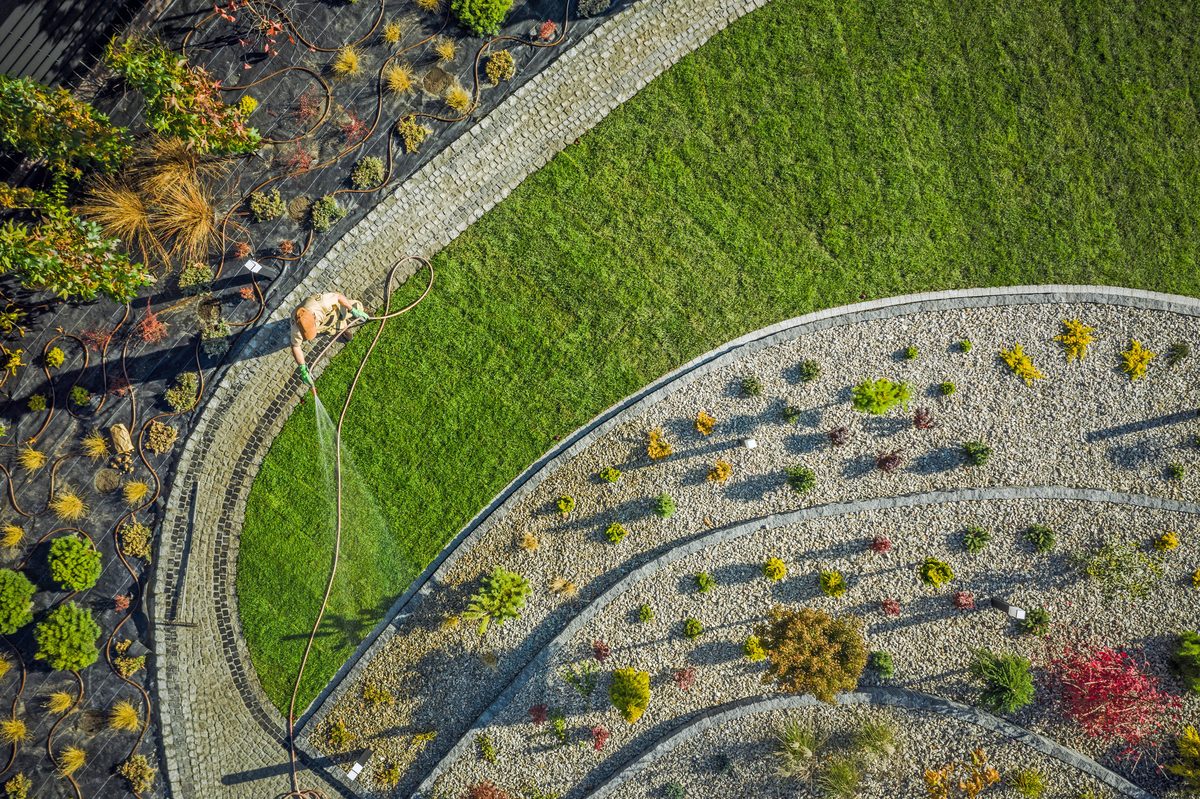 Beautiful landscaped garden aerial view